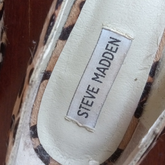 Steve Madden Leather Calf Hair Leopard Print Open Toed Low Wedge Shoes - Picture 6 of 11
